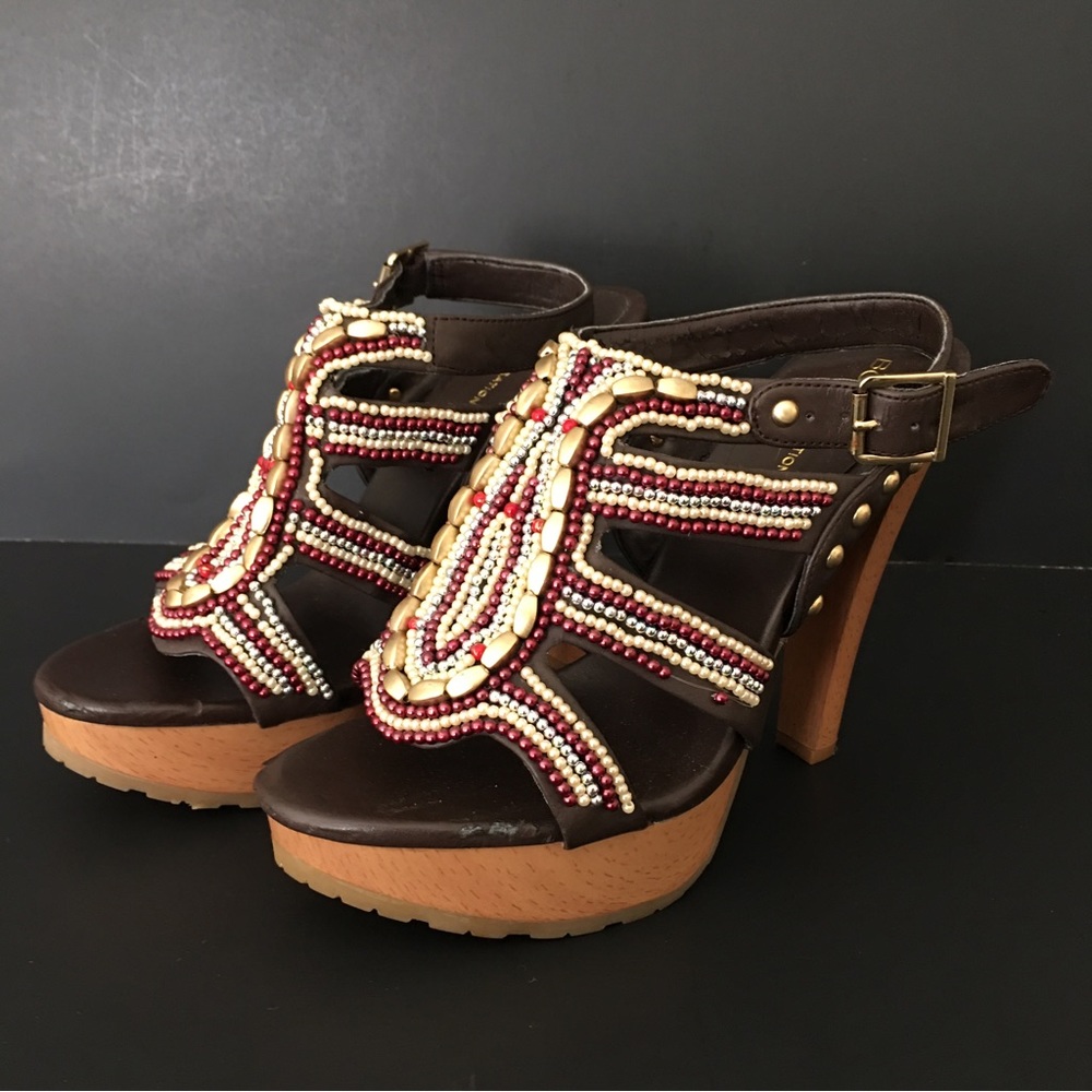 BCBGeneration Tapered Chunky Heels Sandals Brown Embellish Strap Platform 7.5B